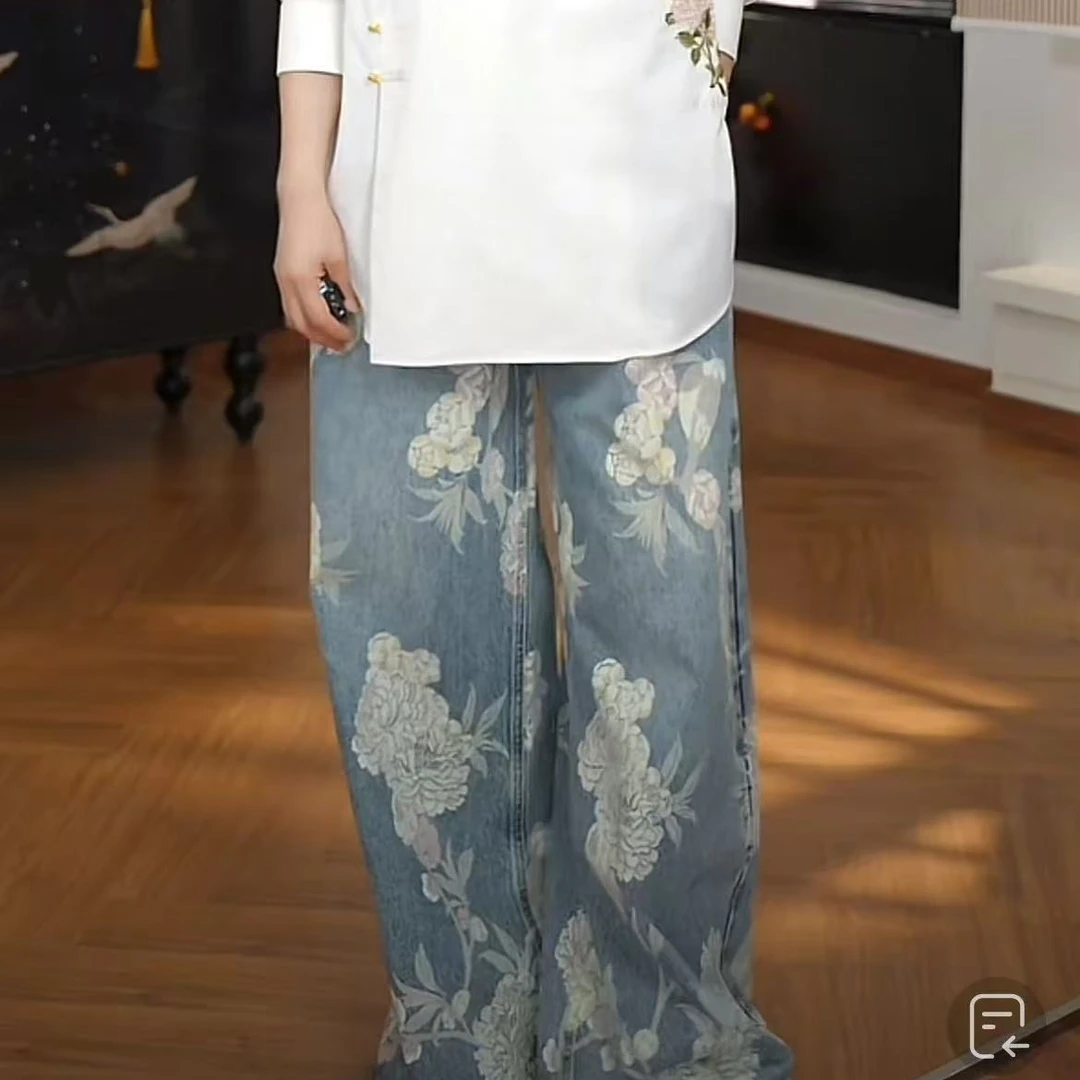 【张羽推荐】ELVIS.CHEUNG蒋云 25牛仔中式牡丹阔腿裤