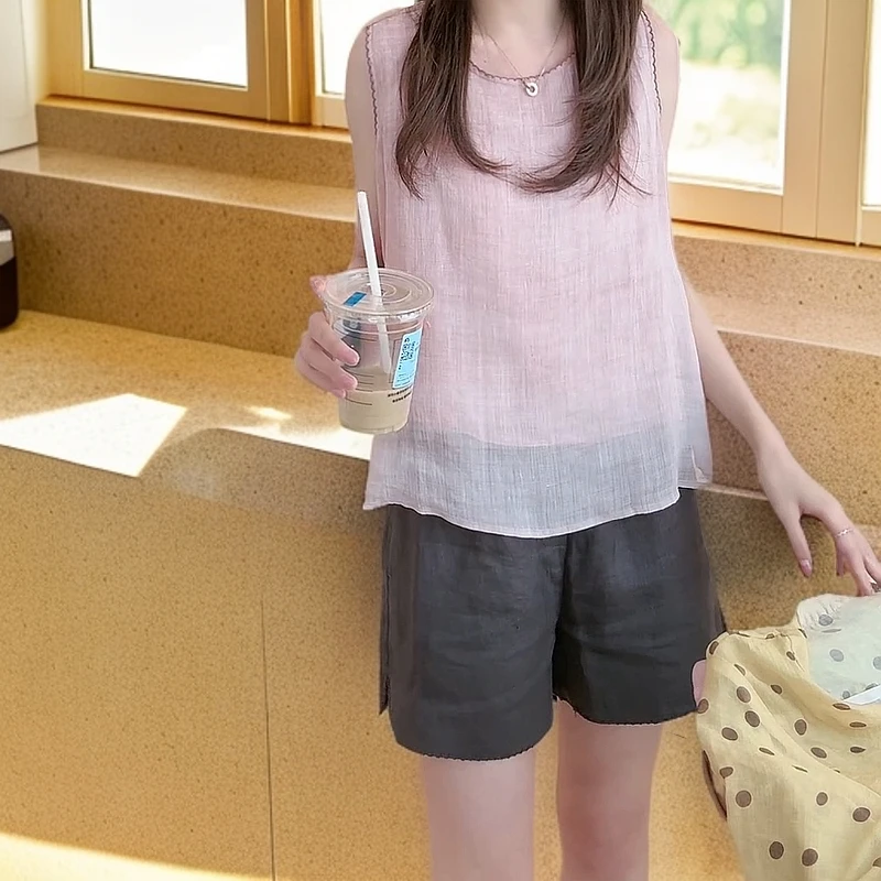 高级感简约气质套装女粉色无袖衬衫阔腿短裤两件套夏季新款