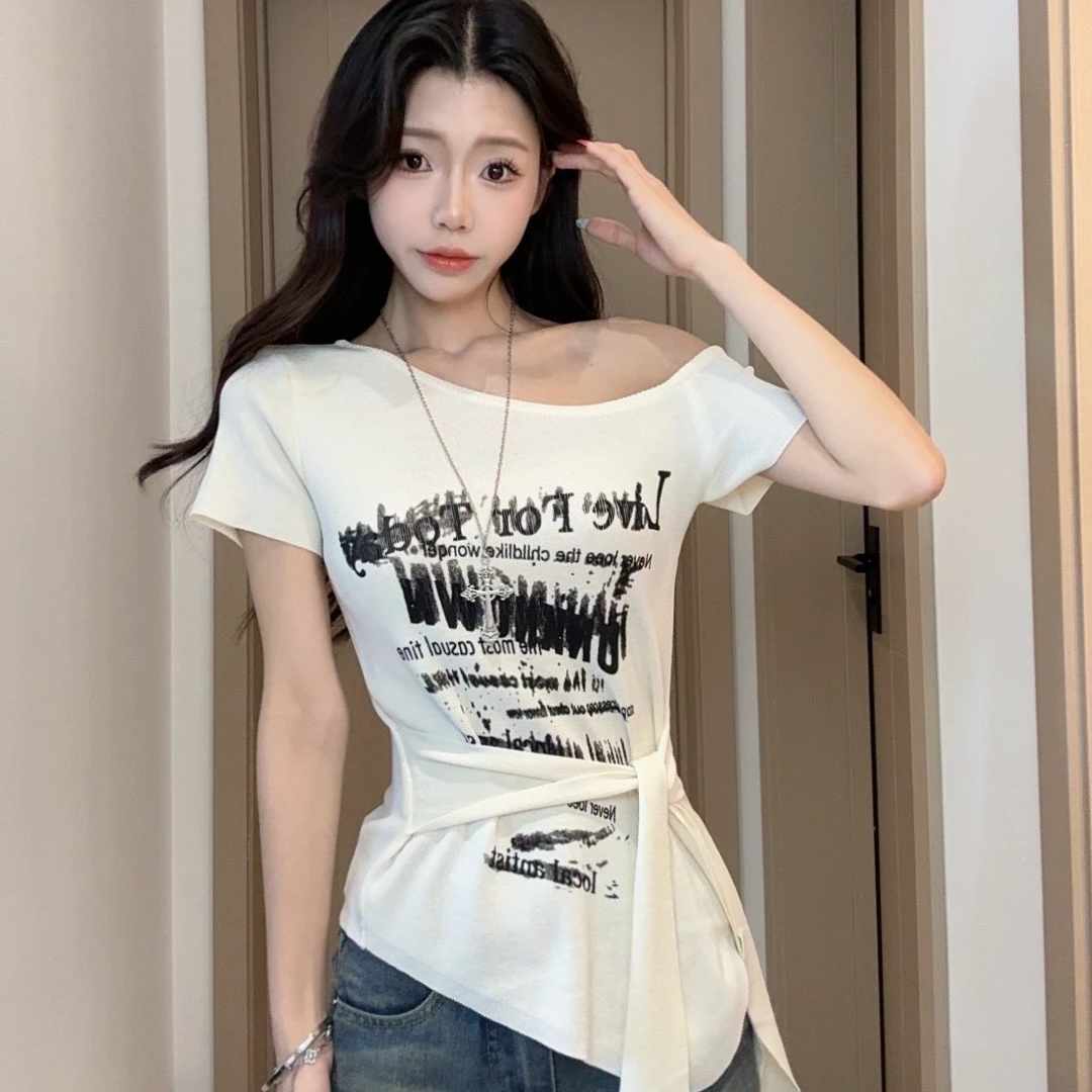 美式甜辣妹斜肩短袖针织衫2025夏季新款不规则绑带气质显瘦小上衣