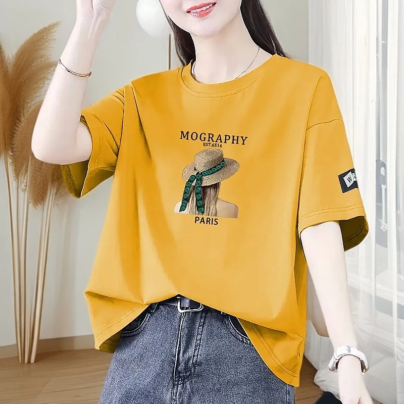 100%纯棉短袖t恤女2025夏季新款时尚印花百搭宽松显瘦体恤上衣ins
