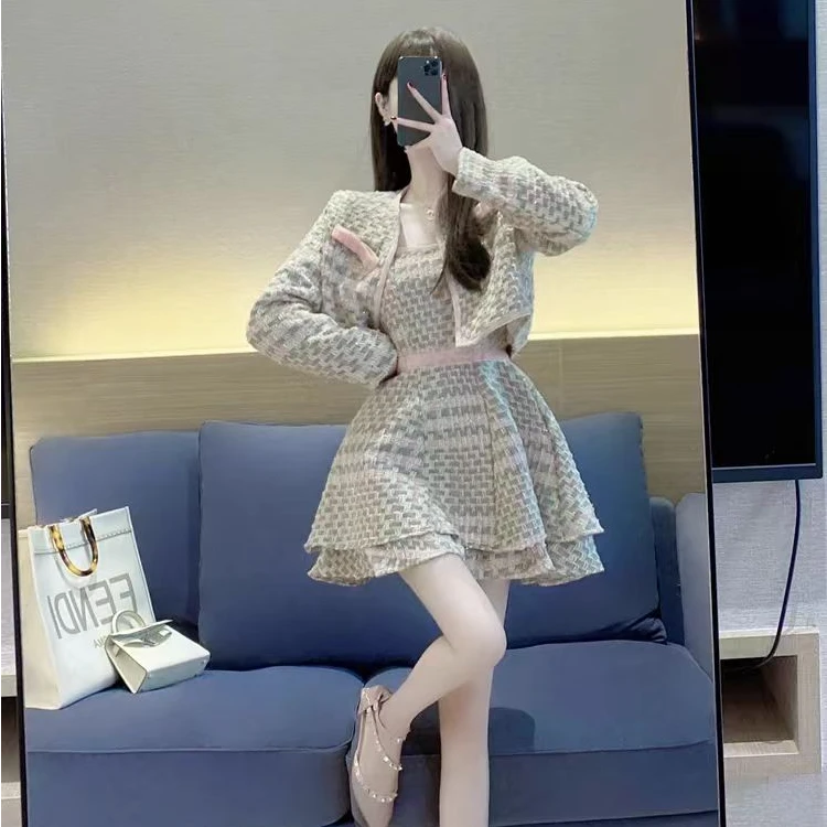 微胖法式小香风套装短外套+修身温柔甜美吊带连衣裙两件套装10120