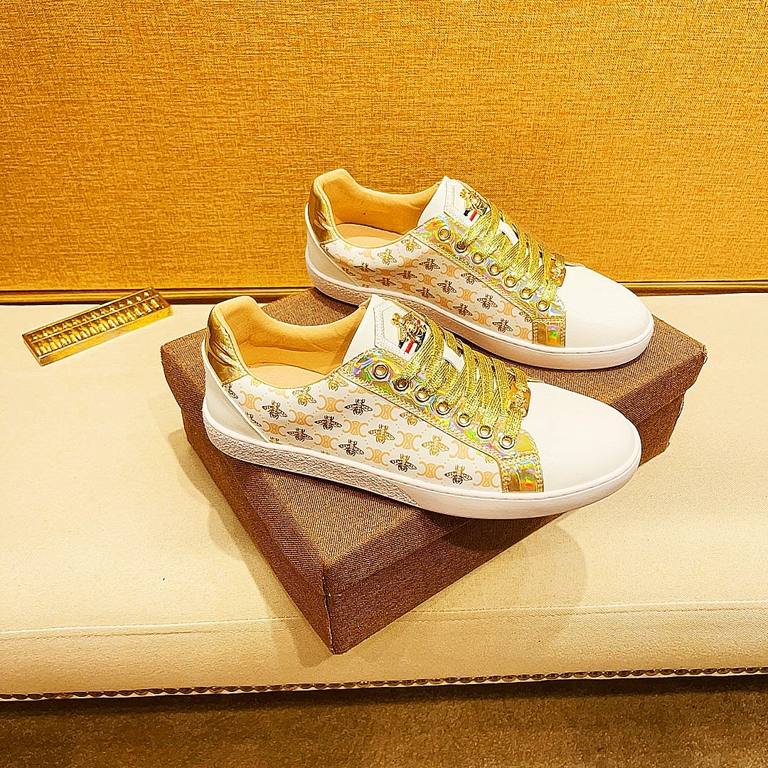 男式休闲鞋子夏季透气纯手工轻奢小蜜蜂印花小白鞋潮流休闲板鞋男