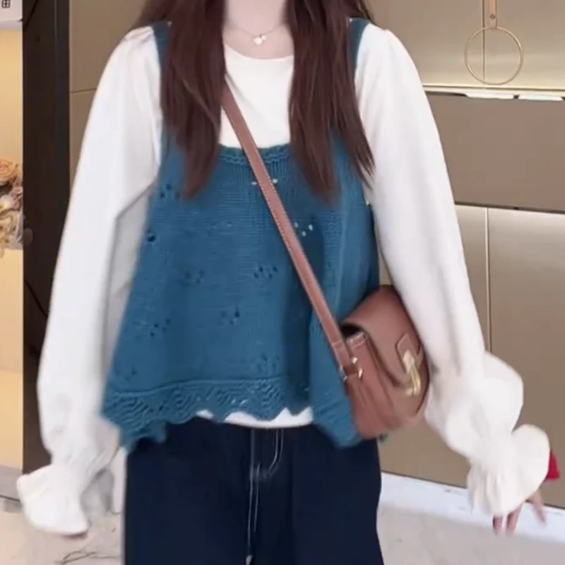 【真两件套】早秋温柔甜美喇叭袖衬衫搭针织吊带两件套女LK2505912