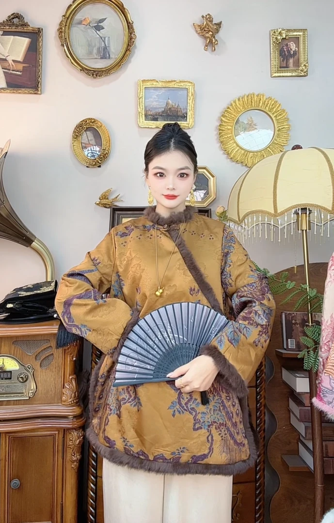 【815】新中式国风盘扣立领毛毛加绒保暖新中式温柔风气质秋冬外套