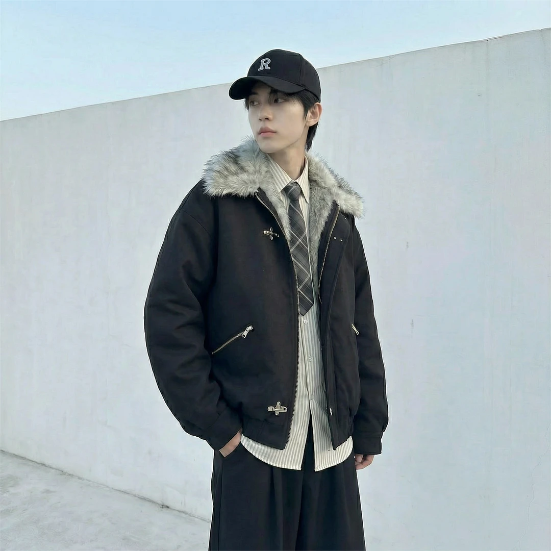 毛领复古（仿貂毛领）秋冬季座山雕夹克棉服外套男