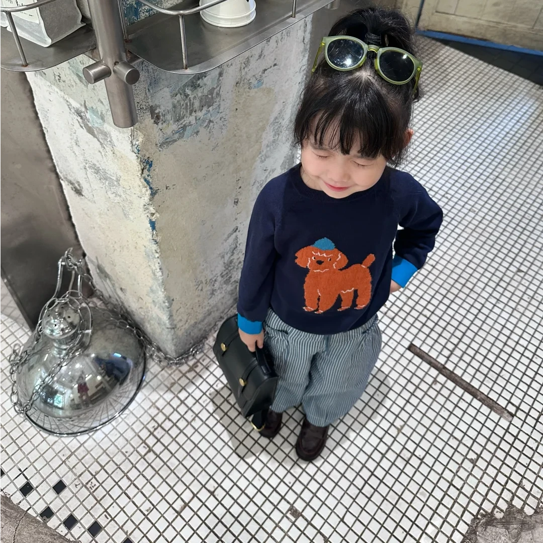壹妈韩版童装女童秋装套装洋气儿童时髦卡通藏蓝色毛衣条纹休闲裤