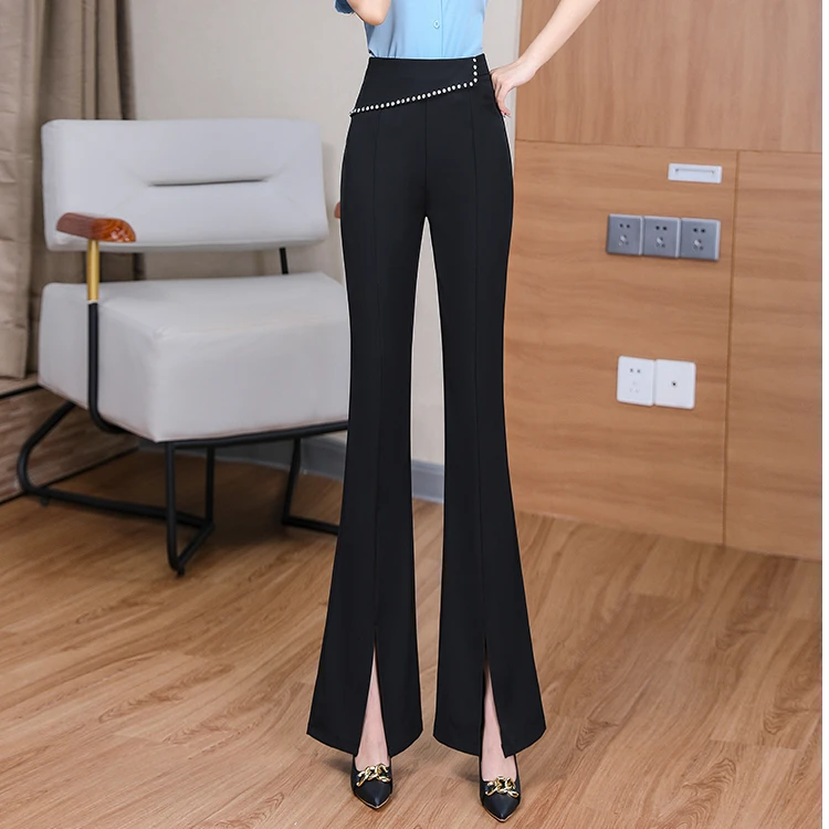 春季新款高腰弹力微喇裤女2024女裤修身显瘦气质通勤职业开叉长裤
