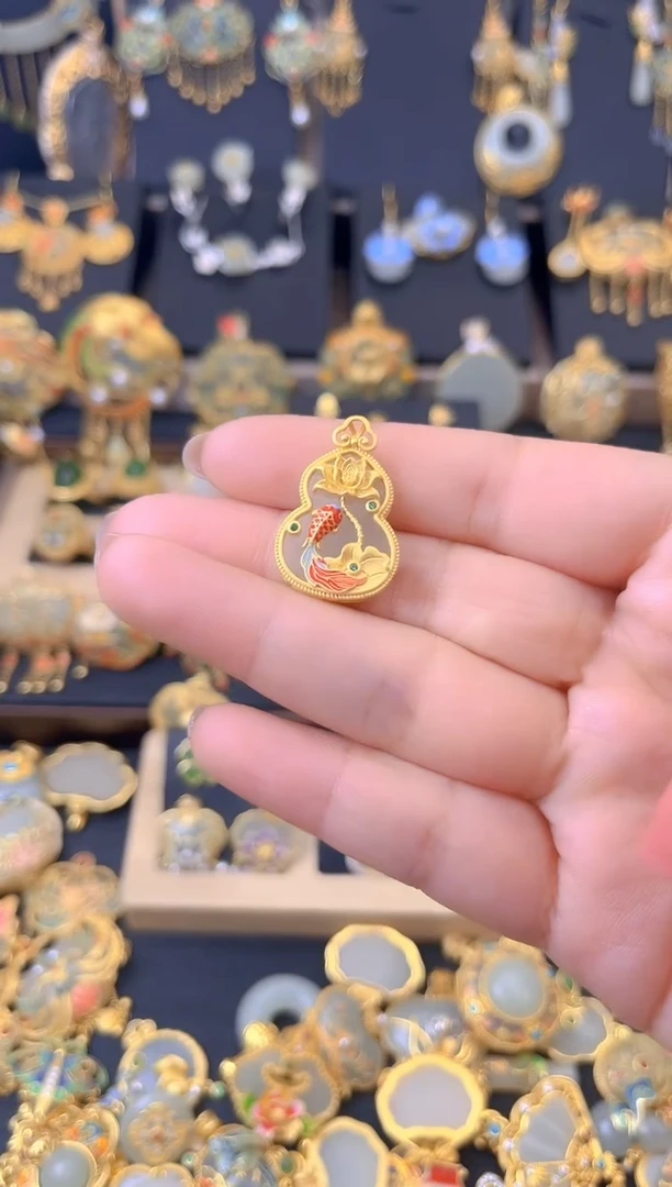 【闪购商品】和田玉吊坠银S925镀金镶嵌金鱼莲花葫芦吊坠