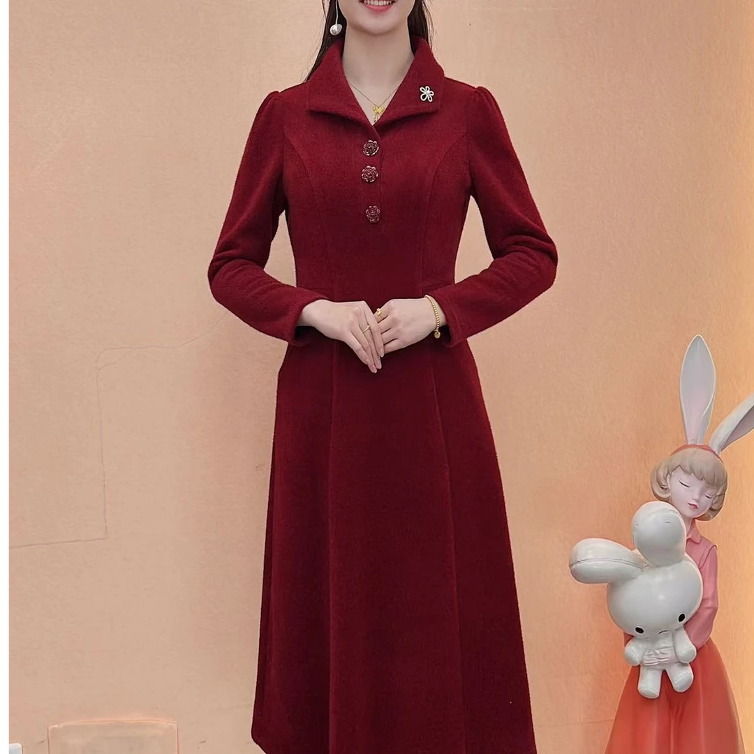 【梦雅衣橱】冬季新款加厚加绒修身优雅气质显瘦婚宴礼服连衣裙