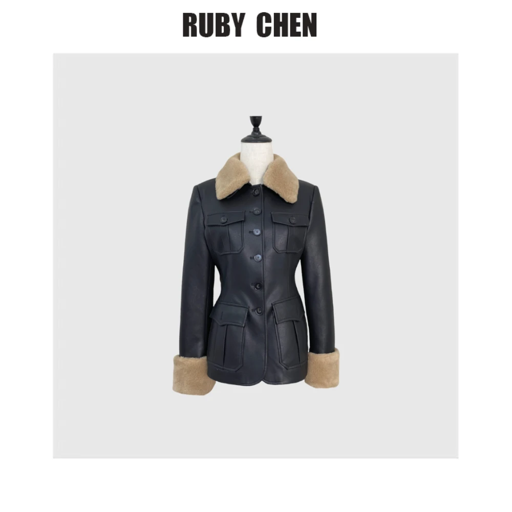 Trum Acme~2025复古磨砂感高级毛毛领收腰加厚皮衣外套