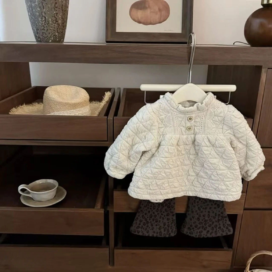 2025爆款小仙女女宝宝甜美高级感打揽棉服气质豹纹微喇裤套装