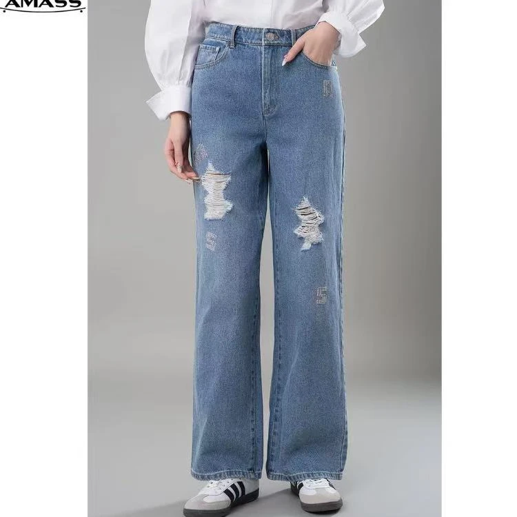 AMASS/阿玛施春秋直筒裤简约休闲时髦破洞烫钻阔腿牛仔裤子510008