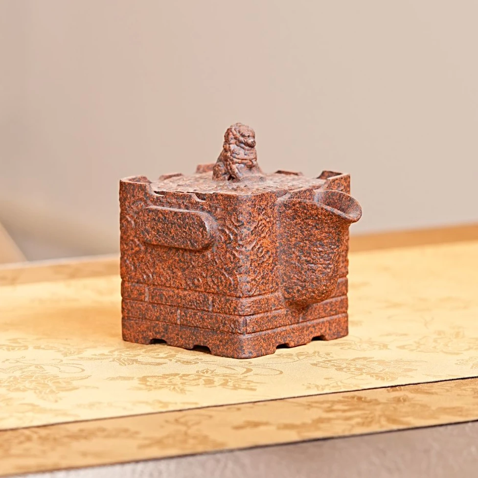 宜兴原矿龙骨金砂手工制作四方瑞兽狮钮手抓壶茶壶茶具 151