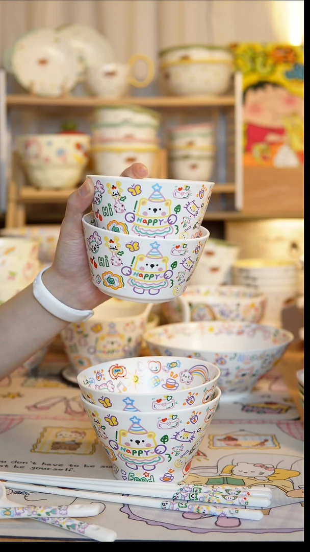 陶瓷2个快乐熊4.5英寸米饭碗