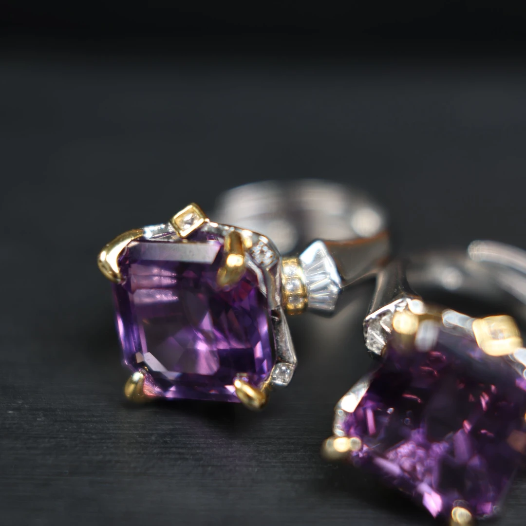 KJ-A1XFY11紫水晶戒指活口S925银四爪镶嵌戒指可调节多样性发一