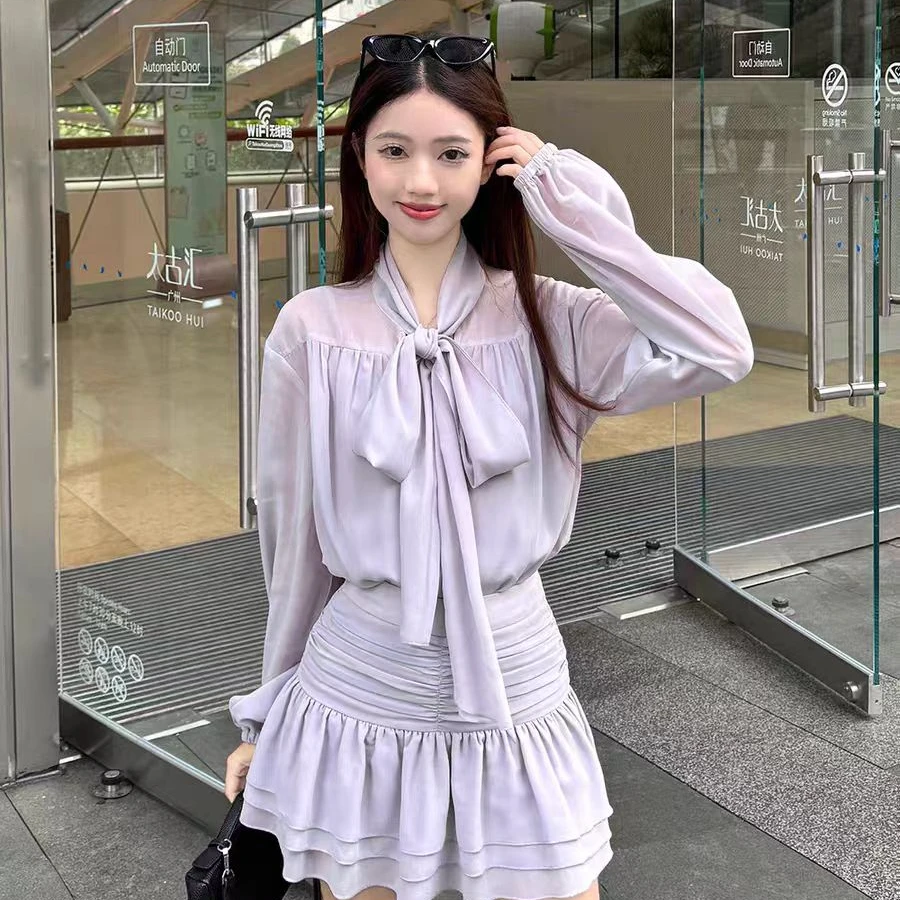 2025早春新款减龄蝴蝶结衬衫女高腰显瘦半身裙两件套ins风实拍