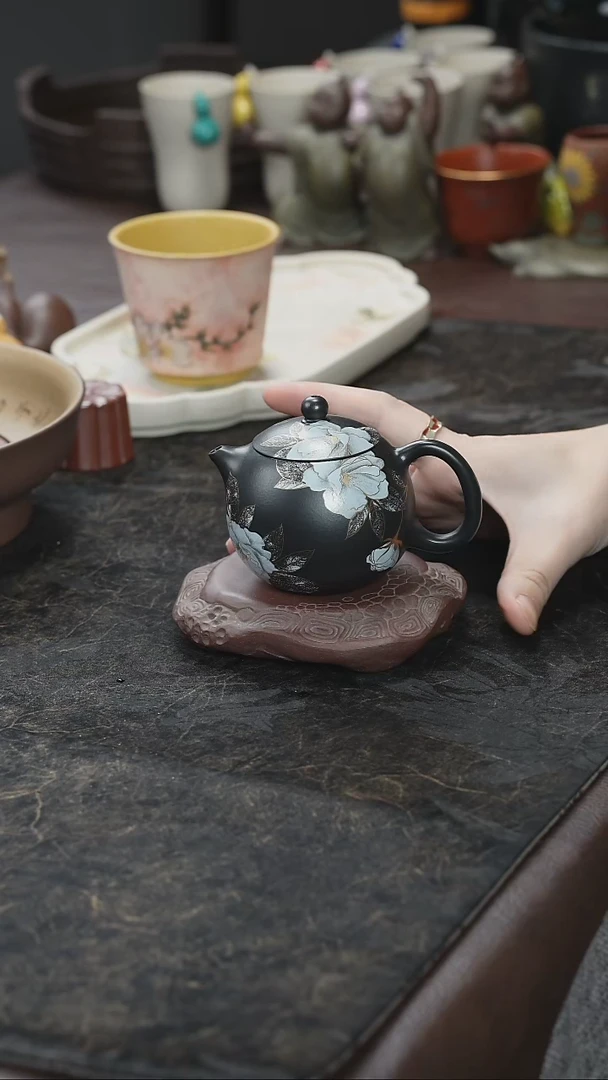 九隐茶器黑珍珠金银彩西施壶