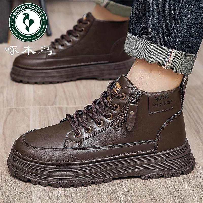 啄木鸟 马丁靴男款2025秋冬款男鞋高帮鞋厚底百搭加绒鞋子男款潮