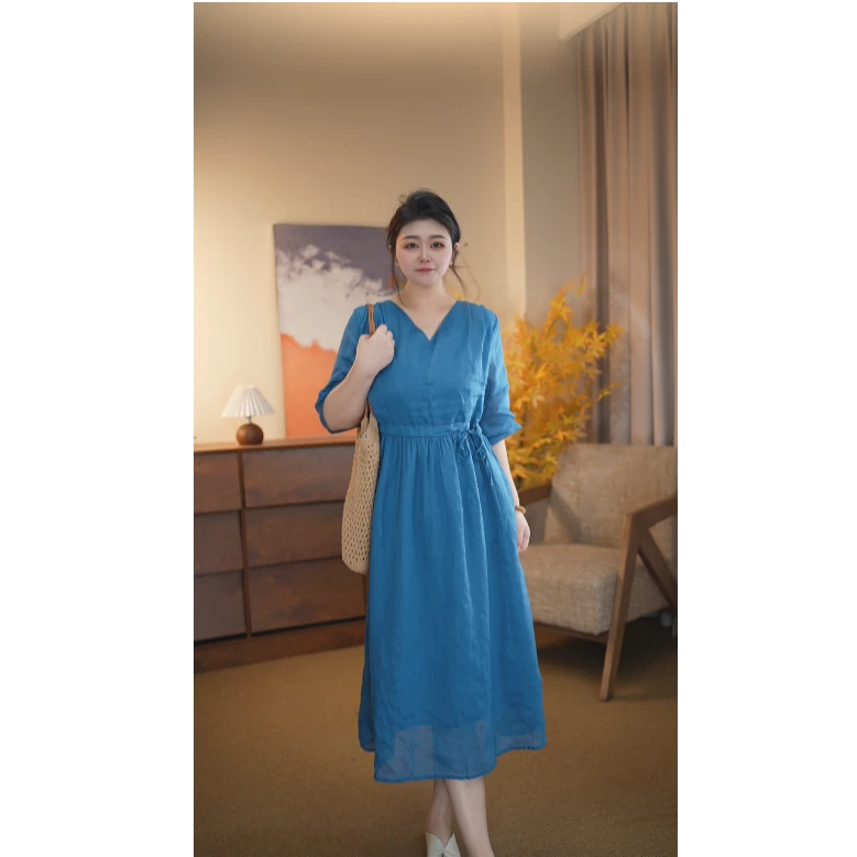 ziran原创100%苎麻2026新款V领收腰显瘦中长款连衣裙