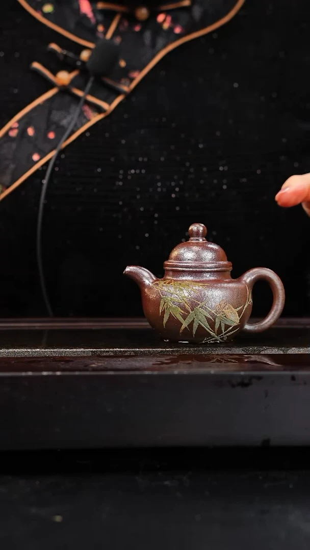 茶壶紫砂黄龙山朱泥掇球柴烧泥绘120cc叶晓敏