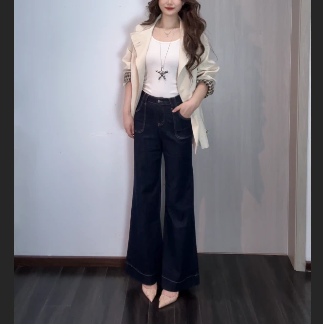 微喇叭高腰牛仔裤女2025秋冬新款复古宽松阔腿裤