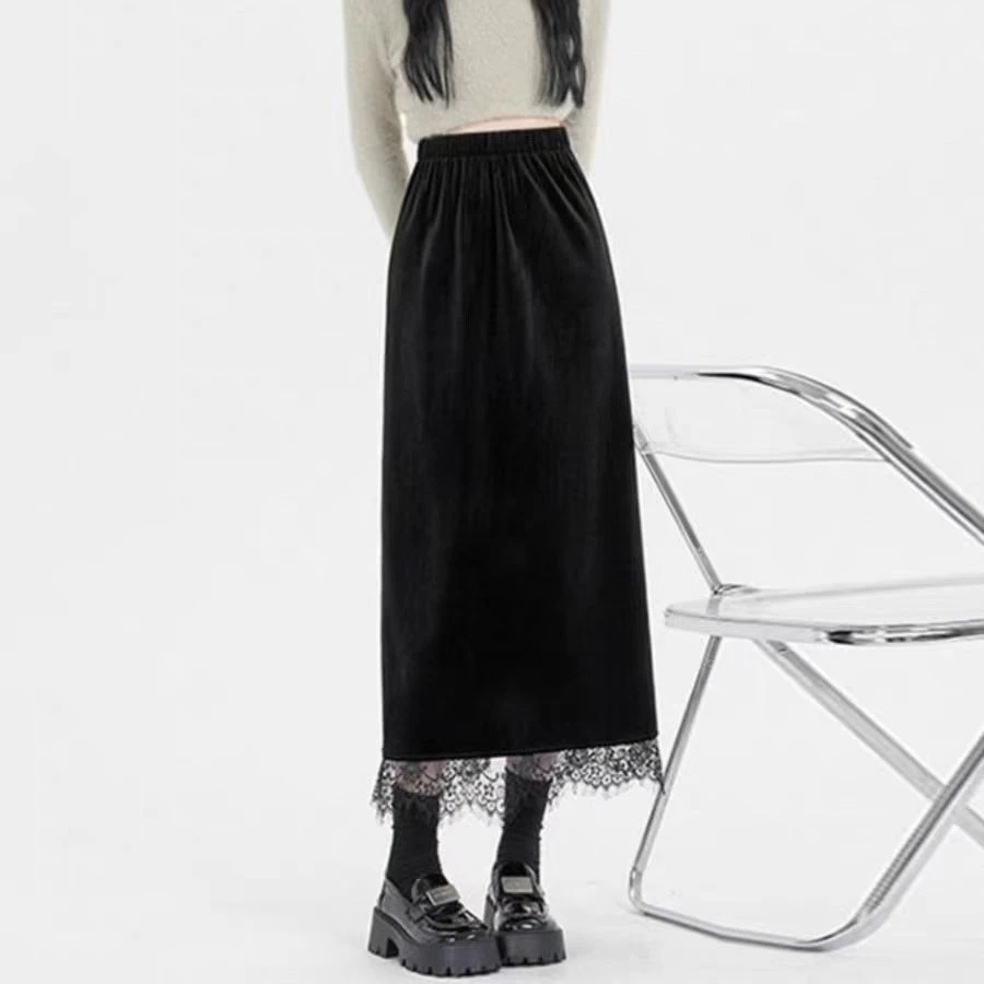 主播同款裙长55公分 简约气质加绒蕾丝拼接丝绒半身裙