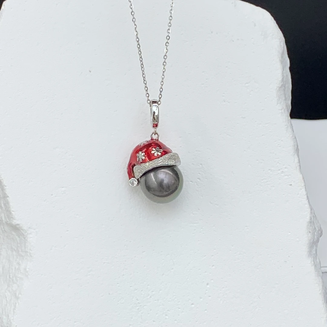 星柠珍珠 海水大溪地黑珍珠 s925银 圣诞帽 吊坠 时尚款