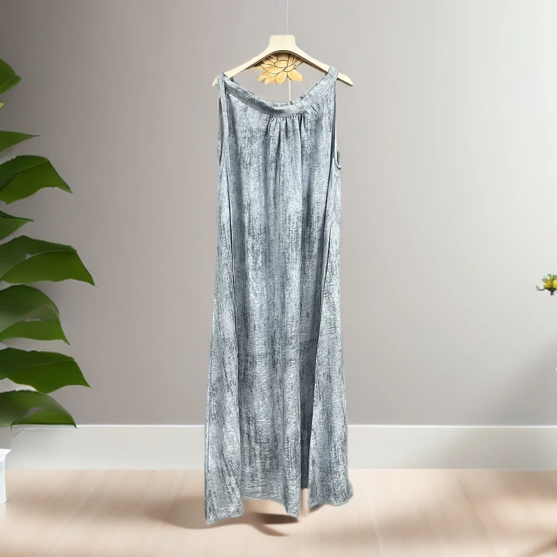 麻料花染系带领无袖连衣裙复古百搭夏季时尚长款