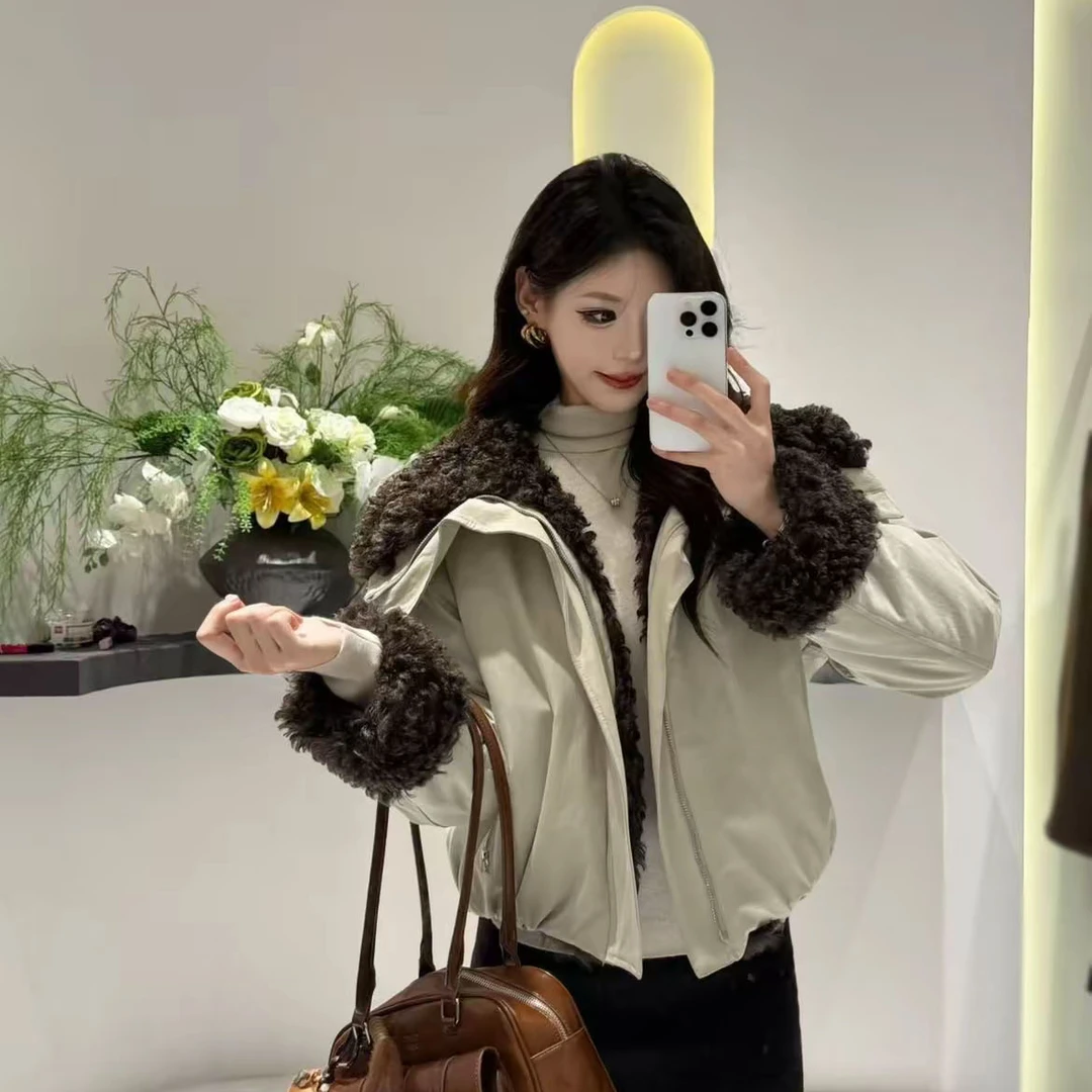欧货2025年冬装新款大翻领羊羔毛棉服棉衣女短款加厚派克服外套女