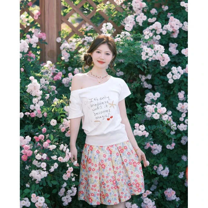 parkyeon韩系ins风斜肩短袖夏季涂鸦印花t恤高腰显瘦百搭半身裙