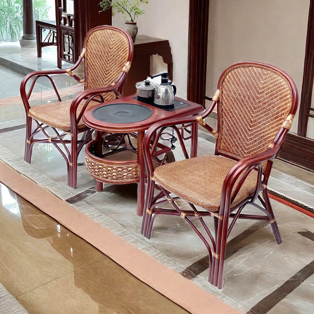 全藤编织高靠背休闲椅家用客厅阳台三件套