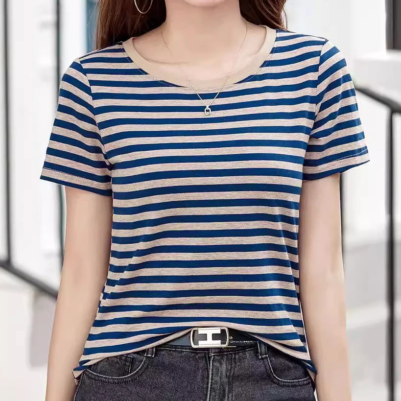 445条纹圆领正肩短袖T恤女宽松网红爆款新款设计感大码韩版上衣T