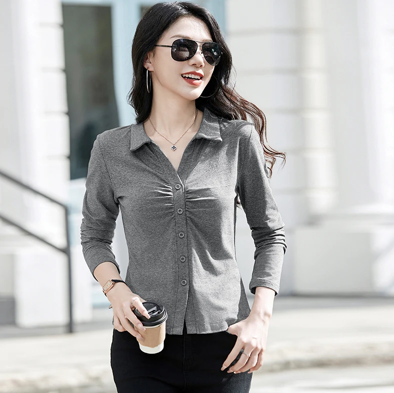 前开叉抽褶纽扣打底开衫长袖T恤女2025春秋新款翻领修身洋气上衣