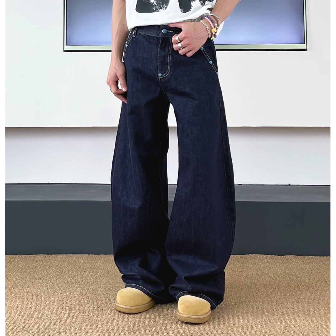 SWAG丹宁原牛赤耳绿松石撞钉弯刀cleanfit牛仔裤男女宽松直筒裤子