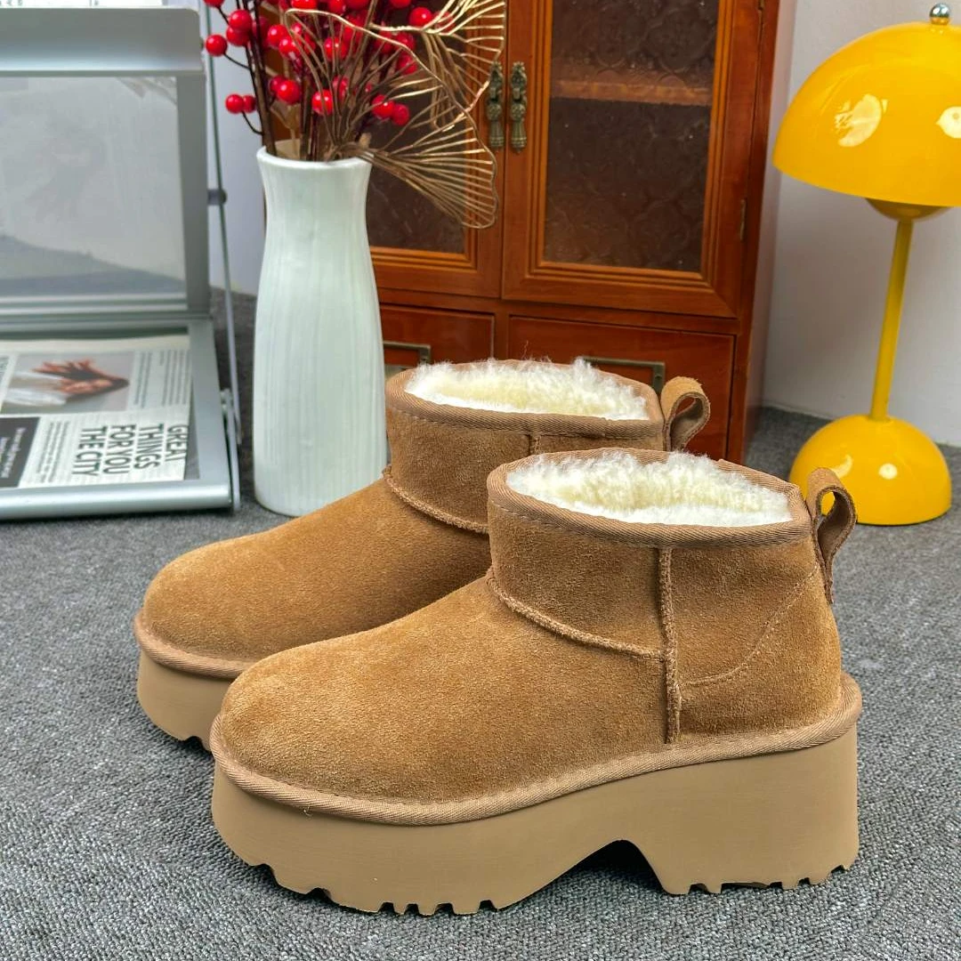 【无标净版】人鱼冬季保暖真皮真毛雪地靴短筒时尚防滑雪地靴