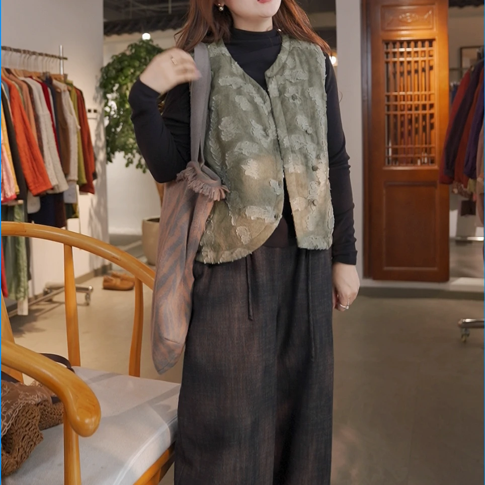 大宁女装 做旧纯色马夹休闲网红文艺古风唐装中国风提花双面94050