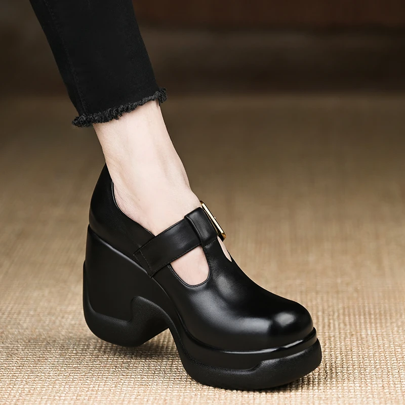 玥小姐增高女鞋10cm小个子圆头厚底单鞋女春秋季真皮防水台高跟鞋