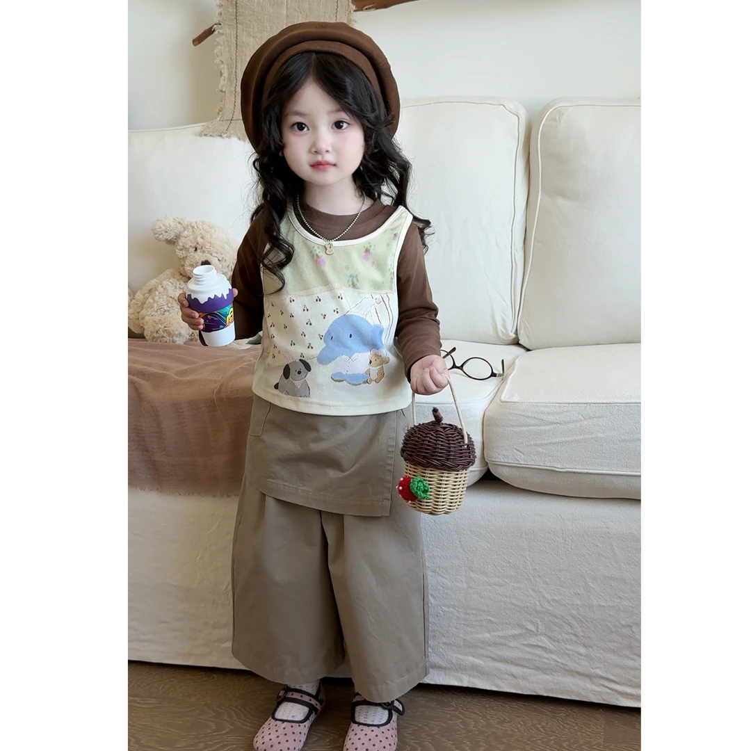 【2025新款】秋季女童卡通小象长袖背心卡其工装套装韩系秋冬套装女