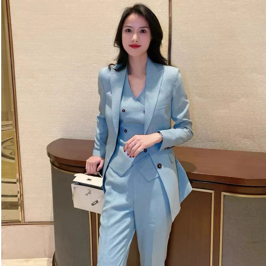 青瓷蓝三件套西装套装职业女士气质修身西服九分裤