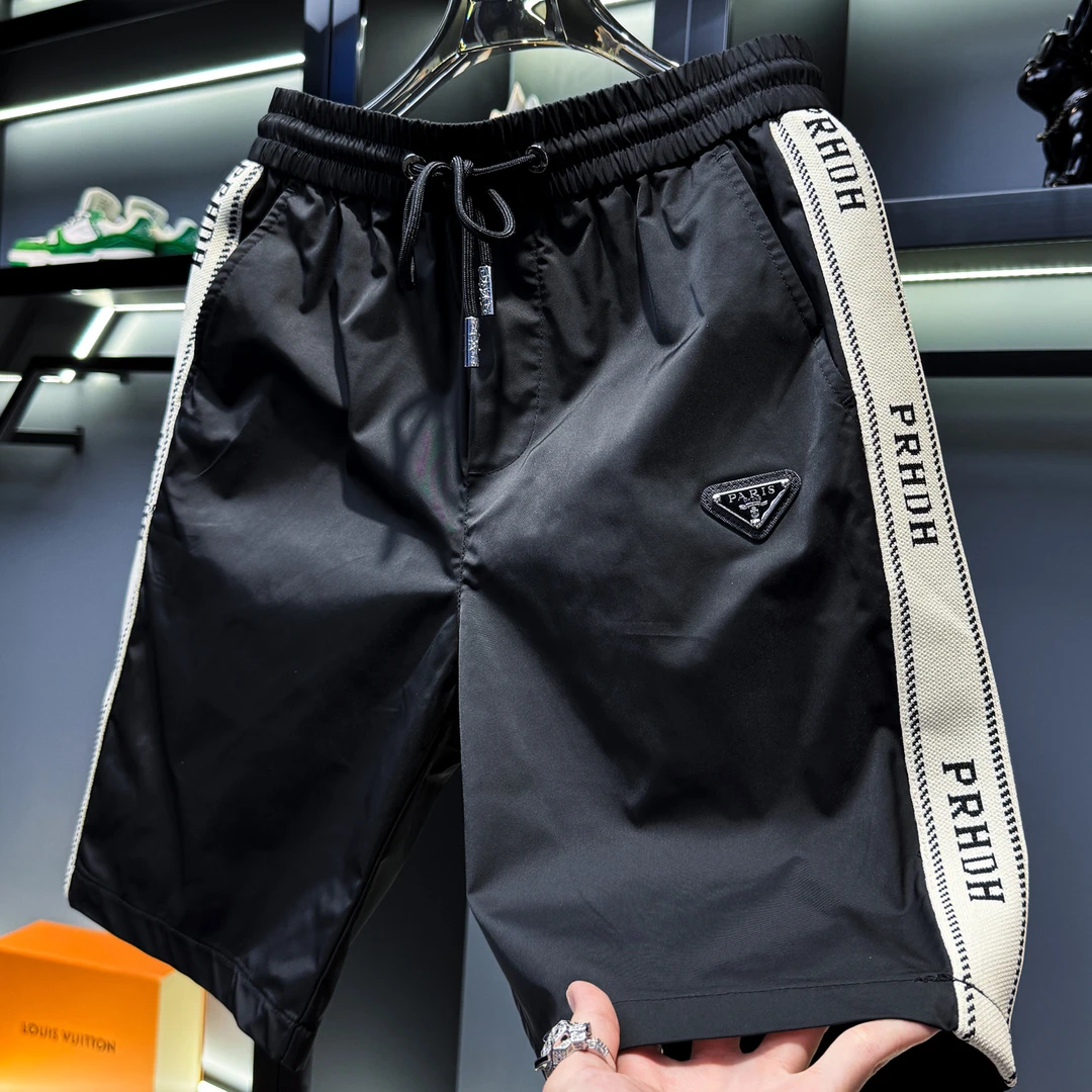 利尼科比利男士织带冰丝休闲短裤2025新款夏季潮牌修身沙滩五分裤