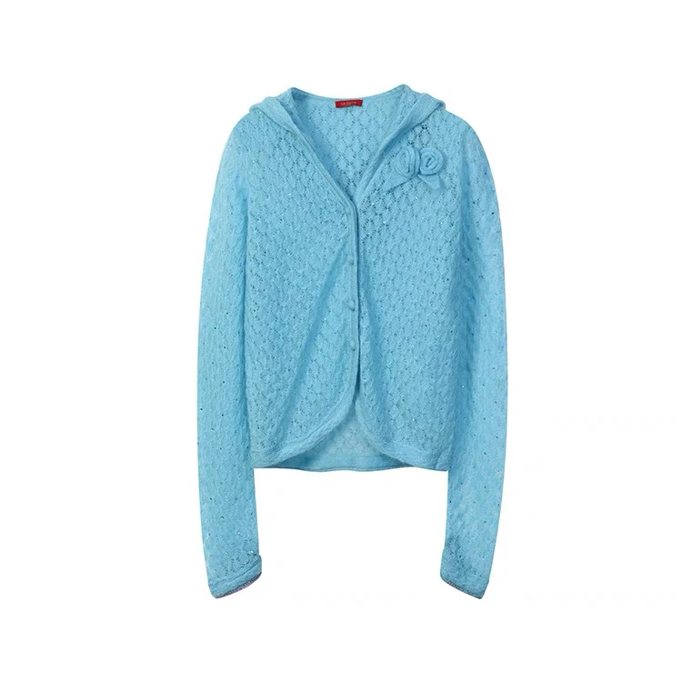 LeFame/拉飞姆2024秋浪漫花朵点缀湖蓝带帽针织开衫LF24Q21ZM269