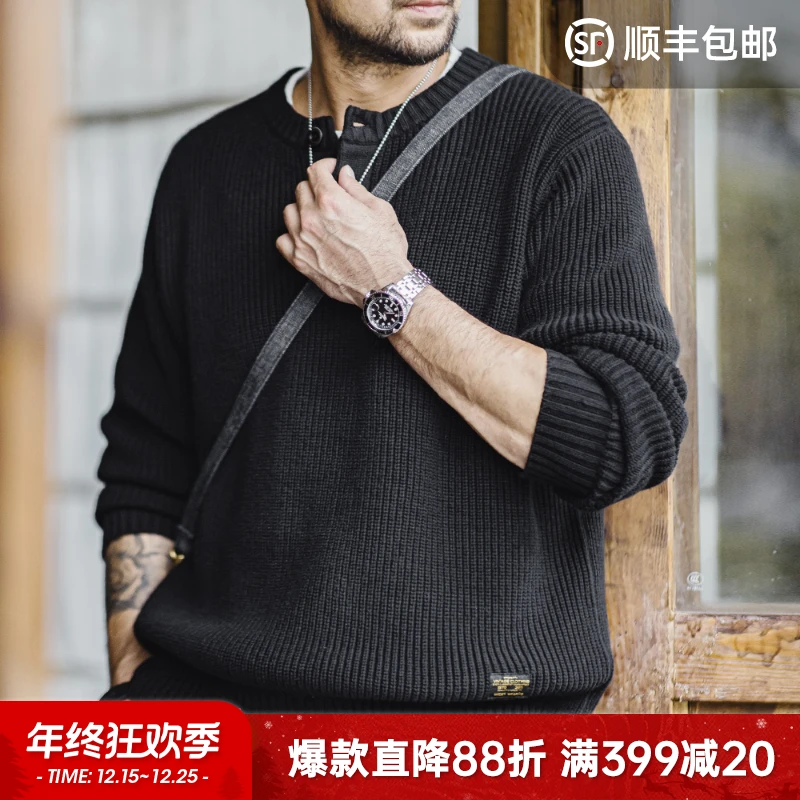 马登工装 美式复古黑色针织亨利衫休闲百搭条纹套头毛衣男士春夏