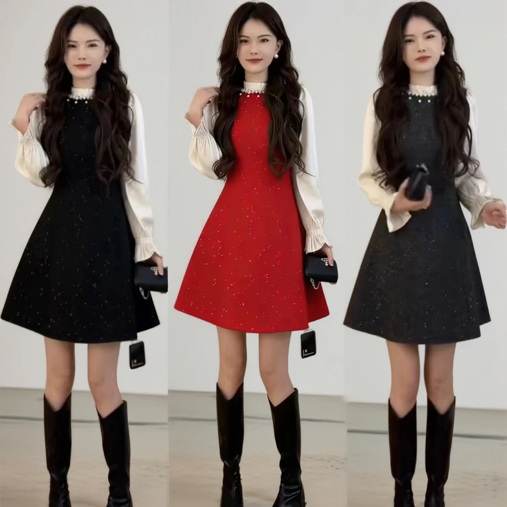 2025冬季新款小香风假两件亮闪优雅毛呢连衣裙2253*