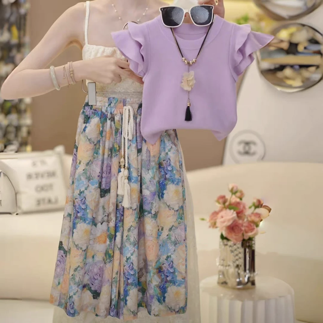 【现货】女童夏季洋气套装2025新款时髦中大童女孩碎花薄款两件套