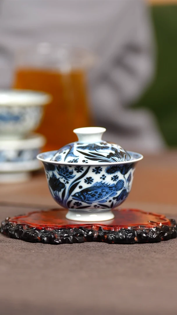 景德镇纯手工纯手绘 鱼藻盖碗  容量130