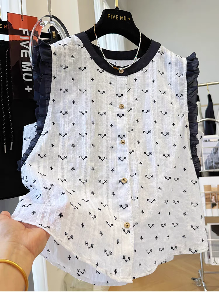 韩系木耳边小飞袖重工刺绣无袖小衫上衣女夏季超好看外穿马甲背心