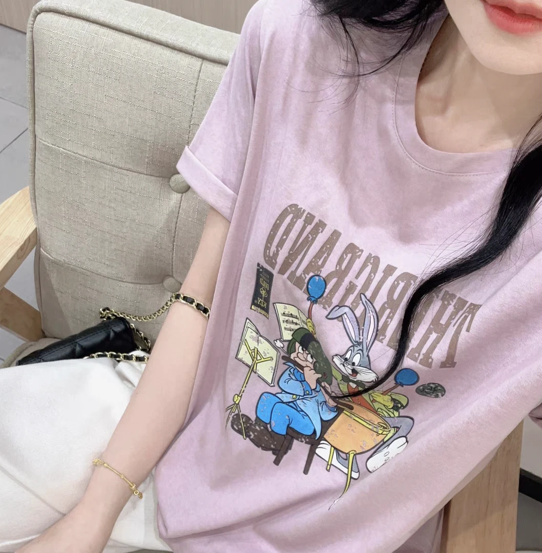 紫色复古卡通印花雪花棉短袖T恤女夏季薄款圆领宽松休闲体恤上衣