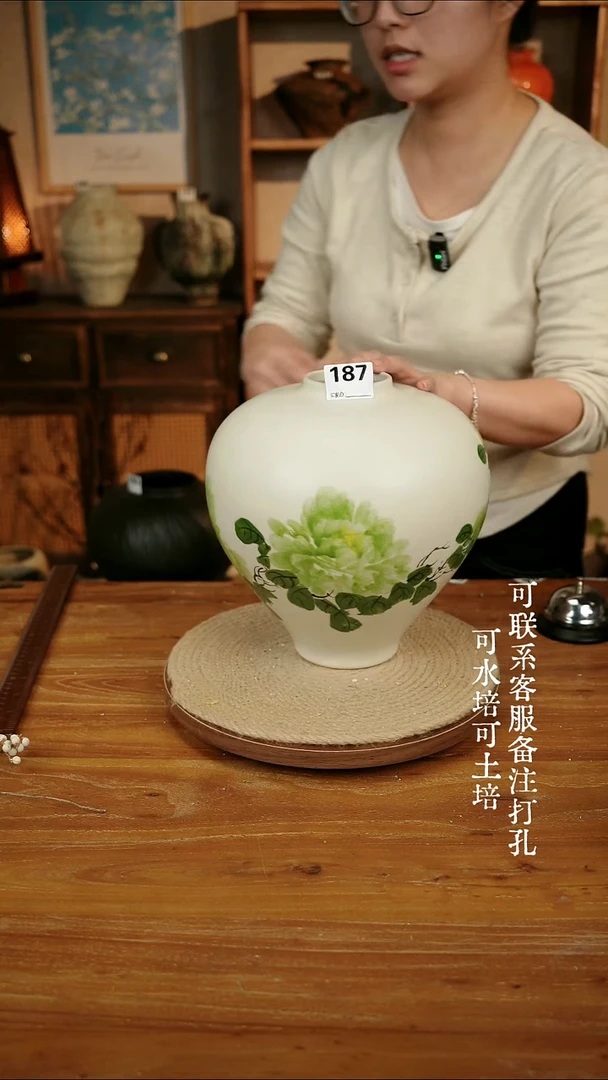 摆件187绿色手绘大肚瓶可水培可土培