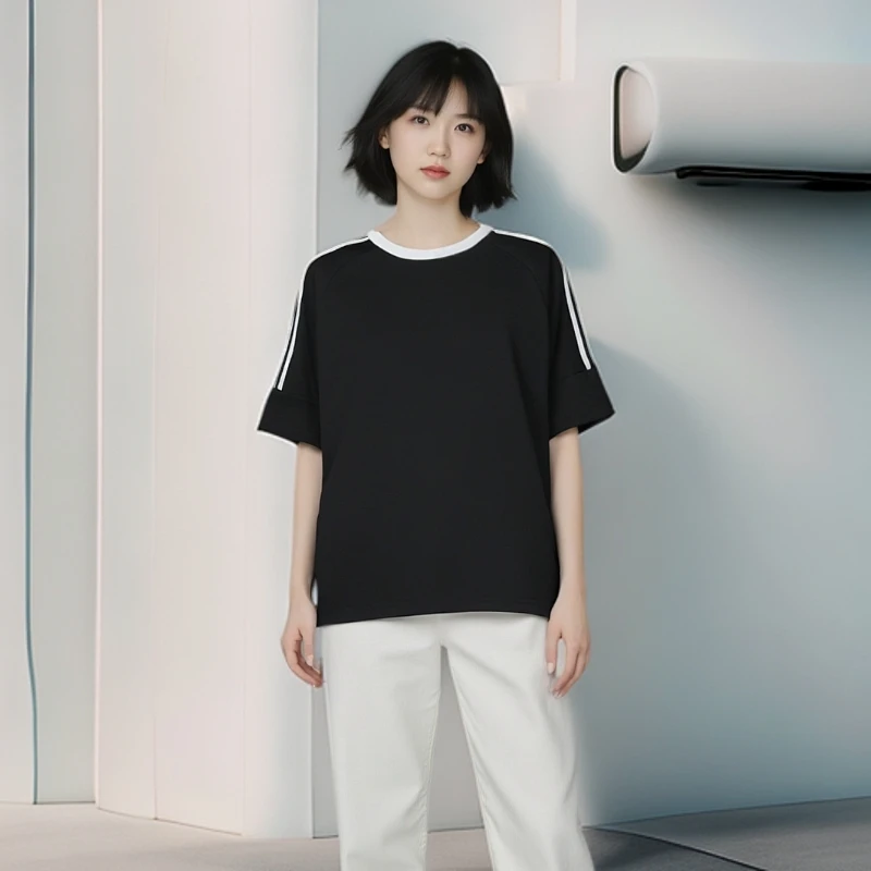 汤汤专属夏季青春活力圆领短袖T恤休闲设计感运动撞色简约百搭