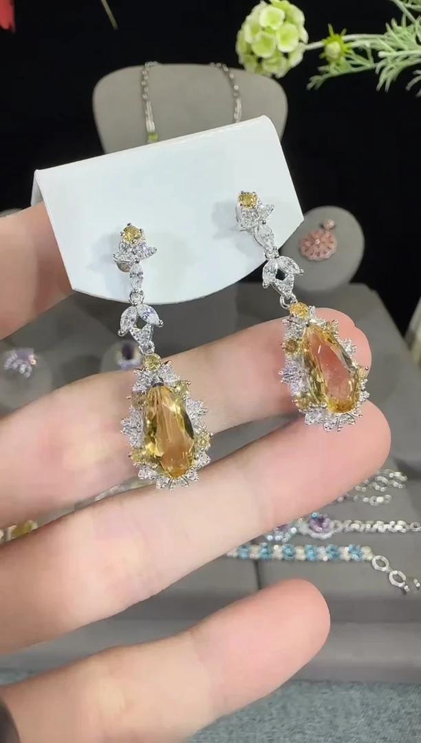 黄晶耳饰银S925镶嵌7*14mm耳坠